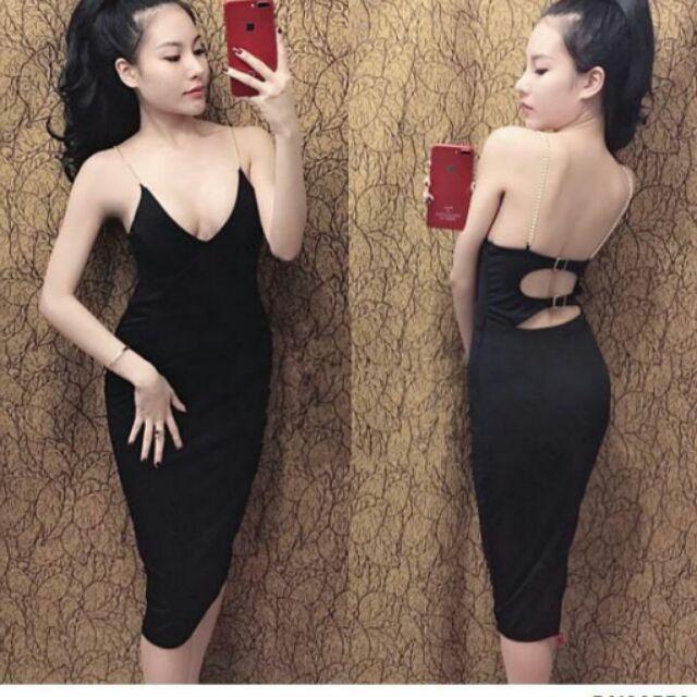 Đầm 2 dây hở ngực phối xích