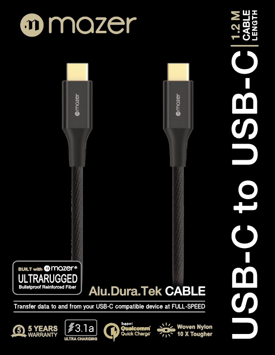 Dây Cáp Mazer ALU.DURA.TEK USB-C to C Cable 3.1A (1.2m) - Hàng Chính Hãng