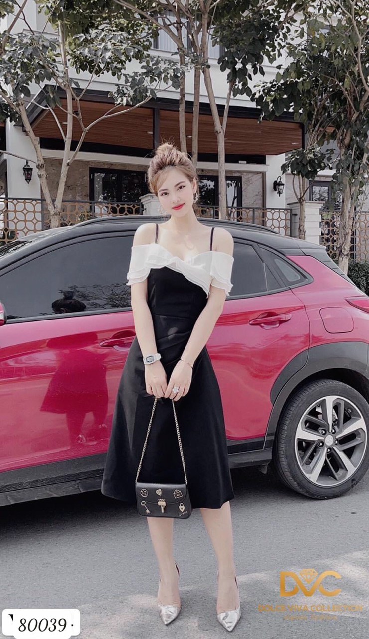 Đầm váy dây nữ vai hở dự tiệc dạo phố màu đen sang trọng tiểu thư
