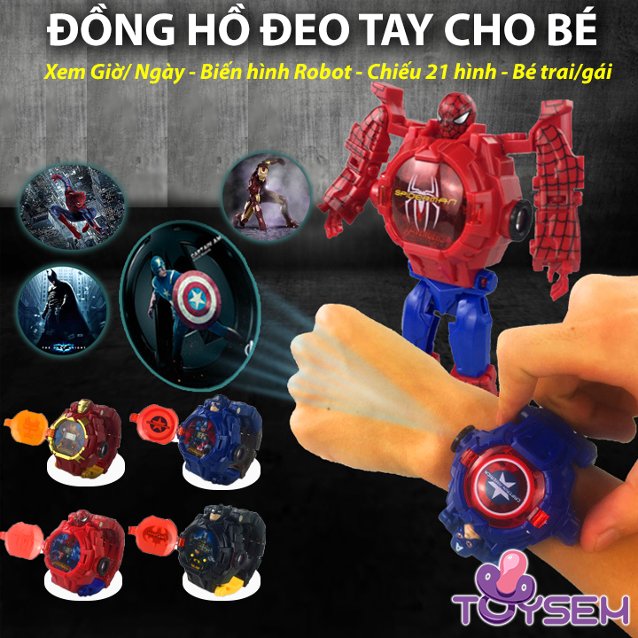 Đồng hồ biến hình siêu nhân chiếu tường xem được ngày giờ, Đồng hồ nhân vật hoạt hình người nhện, người sắt, Quà tặng sinh nhật cho bé