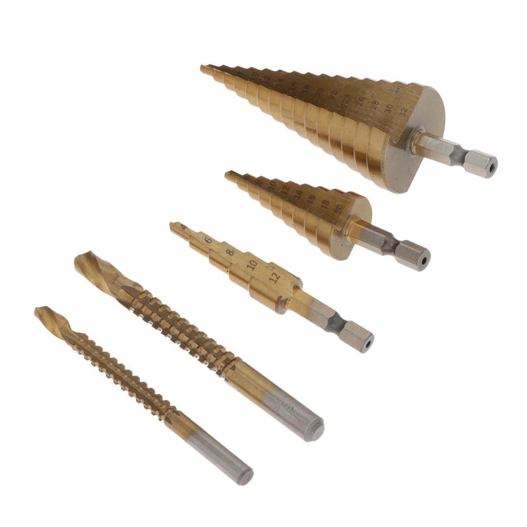 5pcs Step Drill Hole Jig Drill Bit HSS Cutting Hole Saw Woodworking Too Sets
