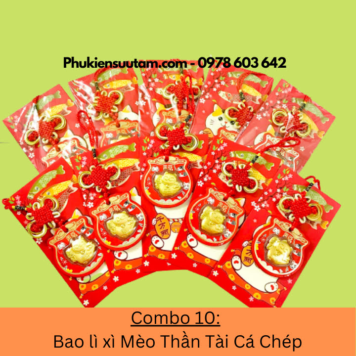 Combo 10 Bao Lì Xì Mèo Thần Tài Cá Chép, kích thước: 17cmx9cm, màu đỏ - SP005935