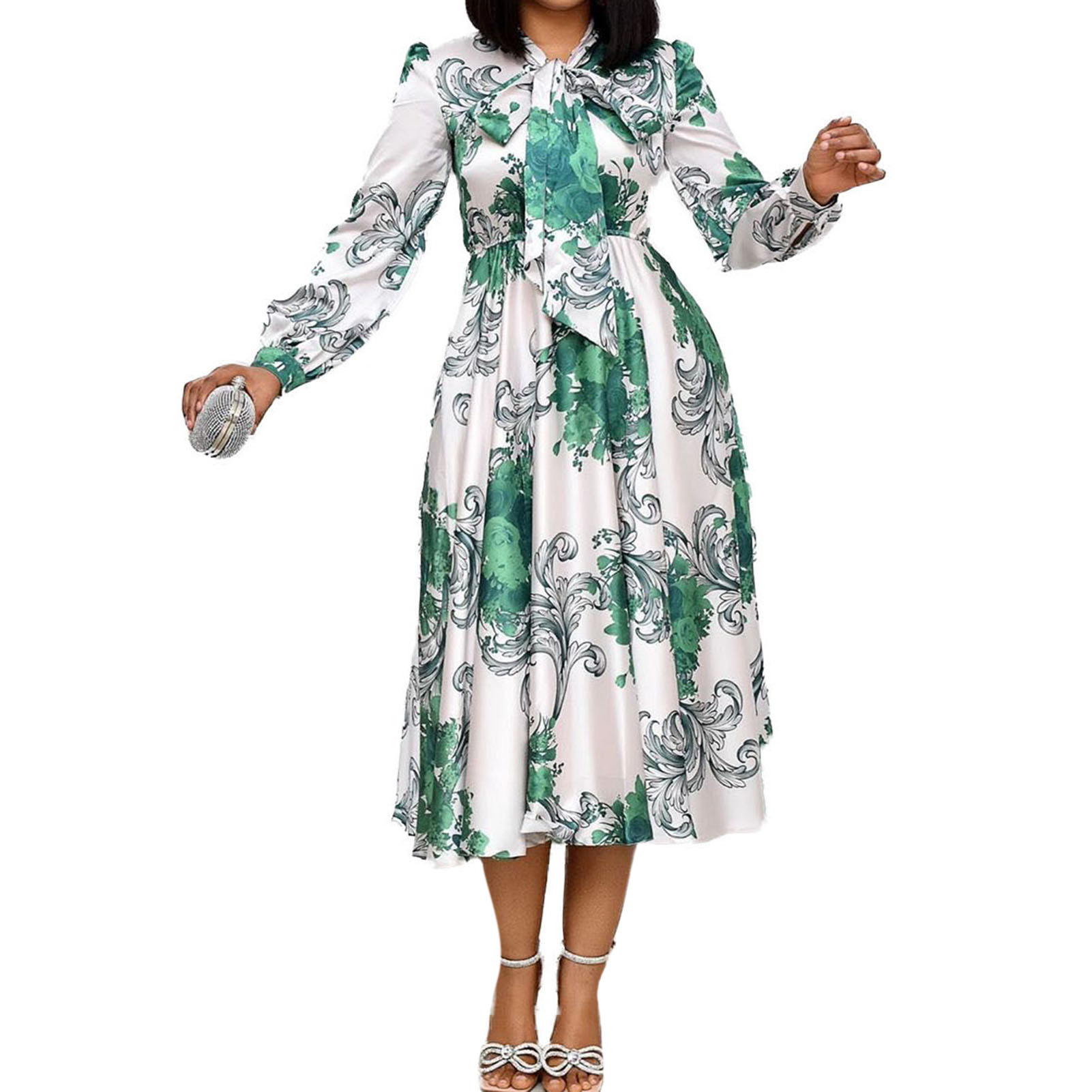 Vintage Women Midi Dress Elastic High Waist Long Puff Sleeve Bow Floral Print Ruffles Dress