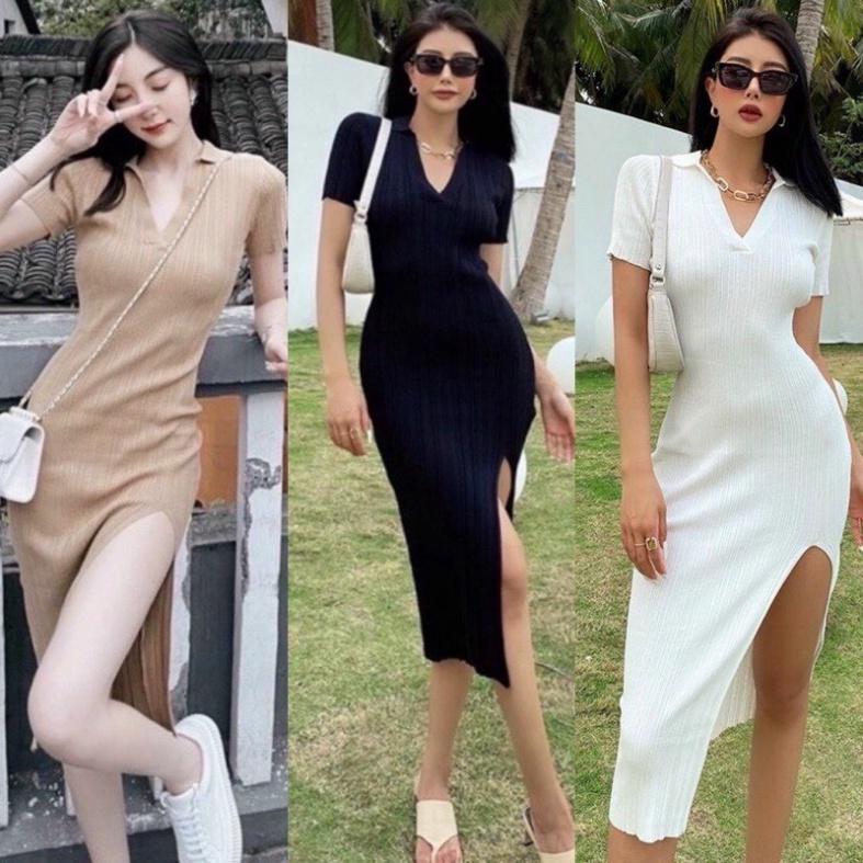 Đầm ôm body sọc,đầm xẻ tà tôn dáng Form FREESIZE, chất len gân đẹp