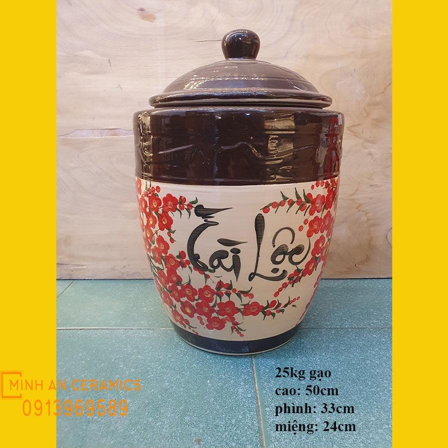 Chum đựng gạo Tài Lộc 25kg vẽ hoa đào gốm Minh An Bát Tràng