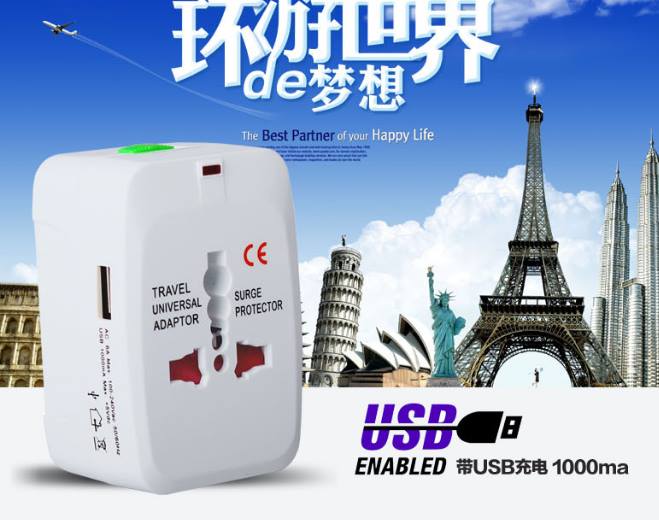 Ổ cắm điện đa quốc gia Phích cắm du lịch cho hơn 150 nước trên thế giới có cổng USB