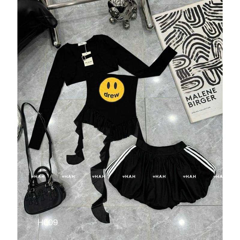 Set váy 3 món drew mặt cười xinh yêu HAH BY JOLIE - Ghi, Ghi