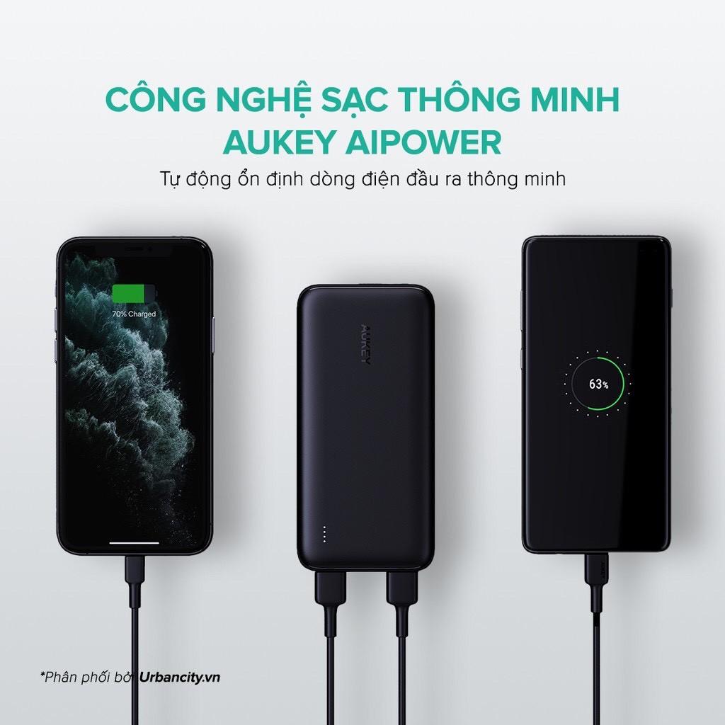 Sạc Dự Phòng Siêu Mỏng 10.000 mAh Aukey PB-N73 1 Cổng Sạc Nhanh Type C 15W, 2 Cổng USB-A - Hàng Chính Hãng