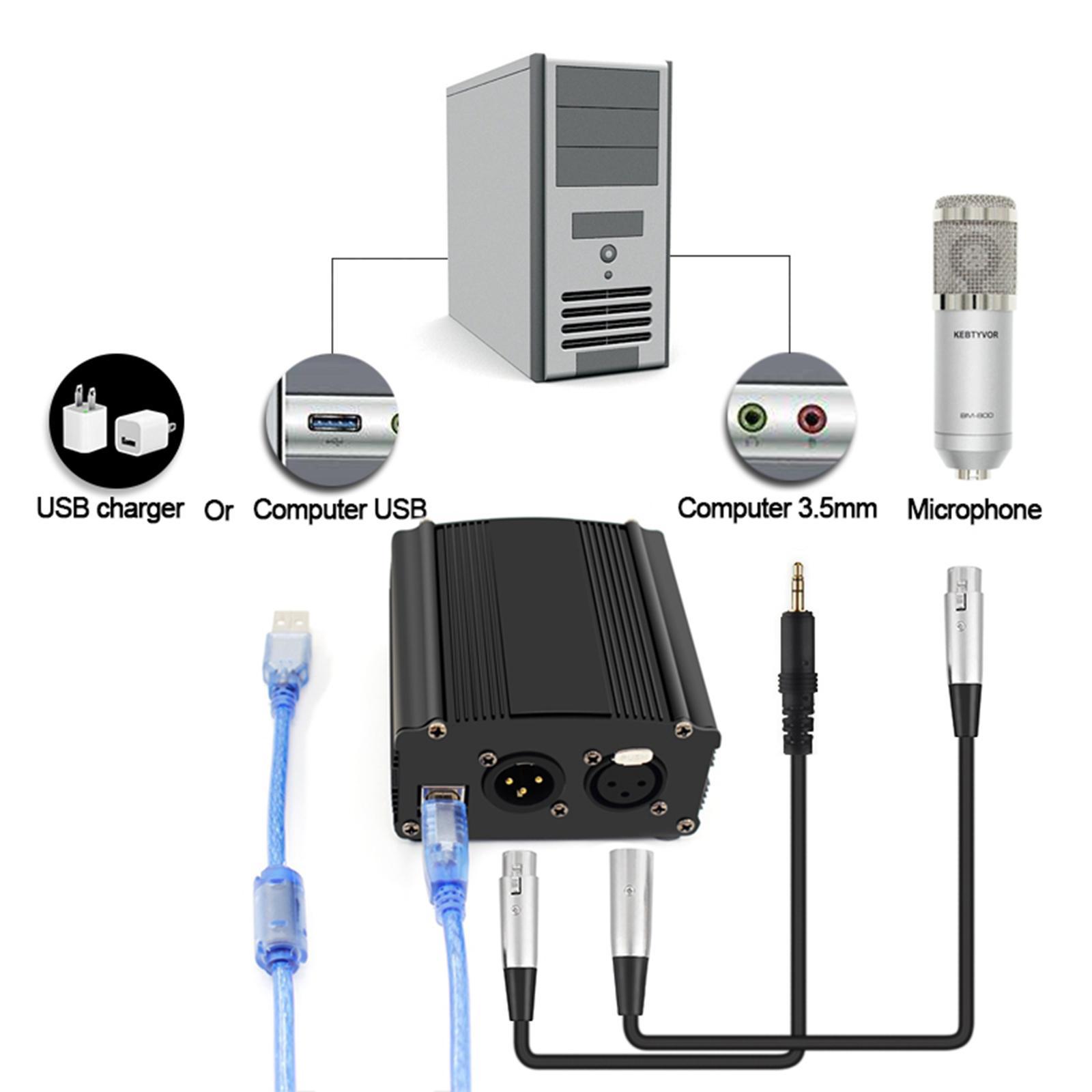 48V  Power Supply with XLR 3 Pin Microphone Cable for Mic Black