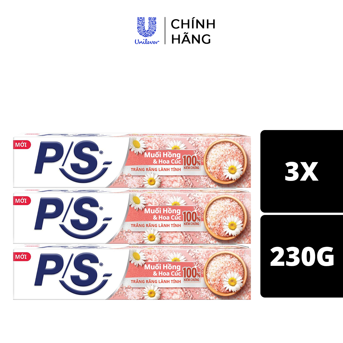 Bộ 3 Kem Đánh Răng P/S Trắng Răng Lành Tính - 100% Kiểm Chứng 230g/ hộp- Muối Hồng & Hoa Cúc