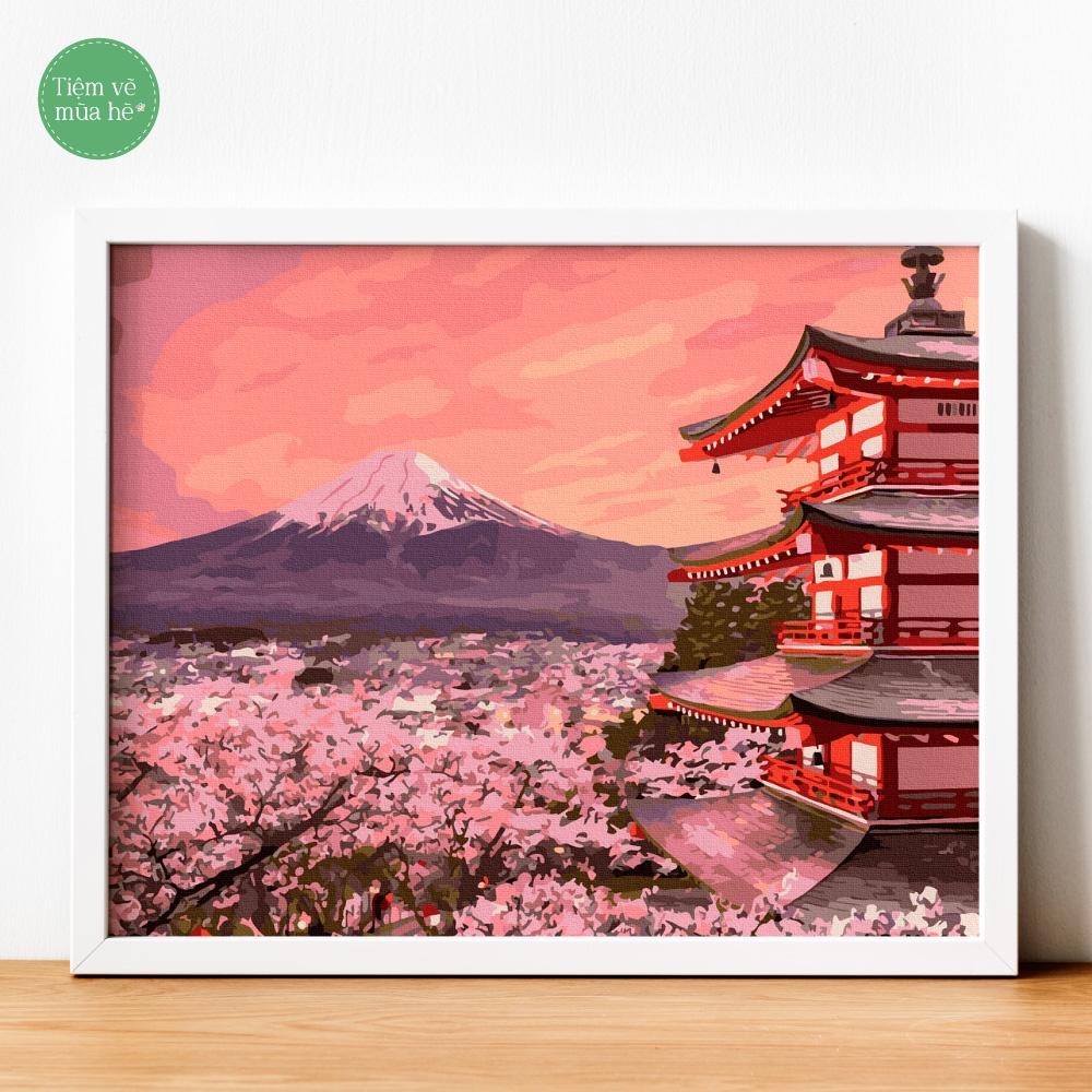 Tranh số hóa  - Núi Phú Sĩ mùa xuân đã căng khung 40x50cm 23 màu