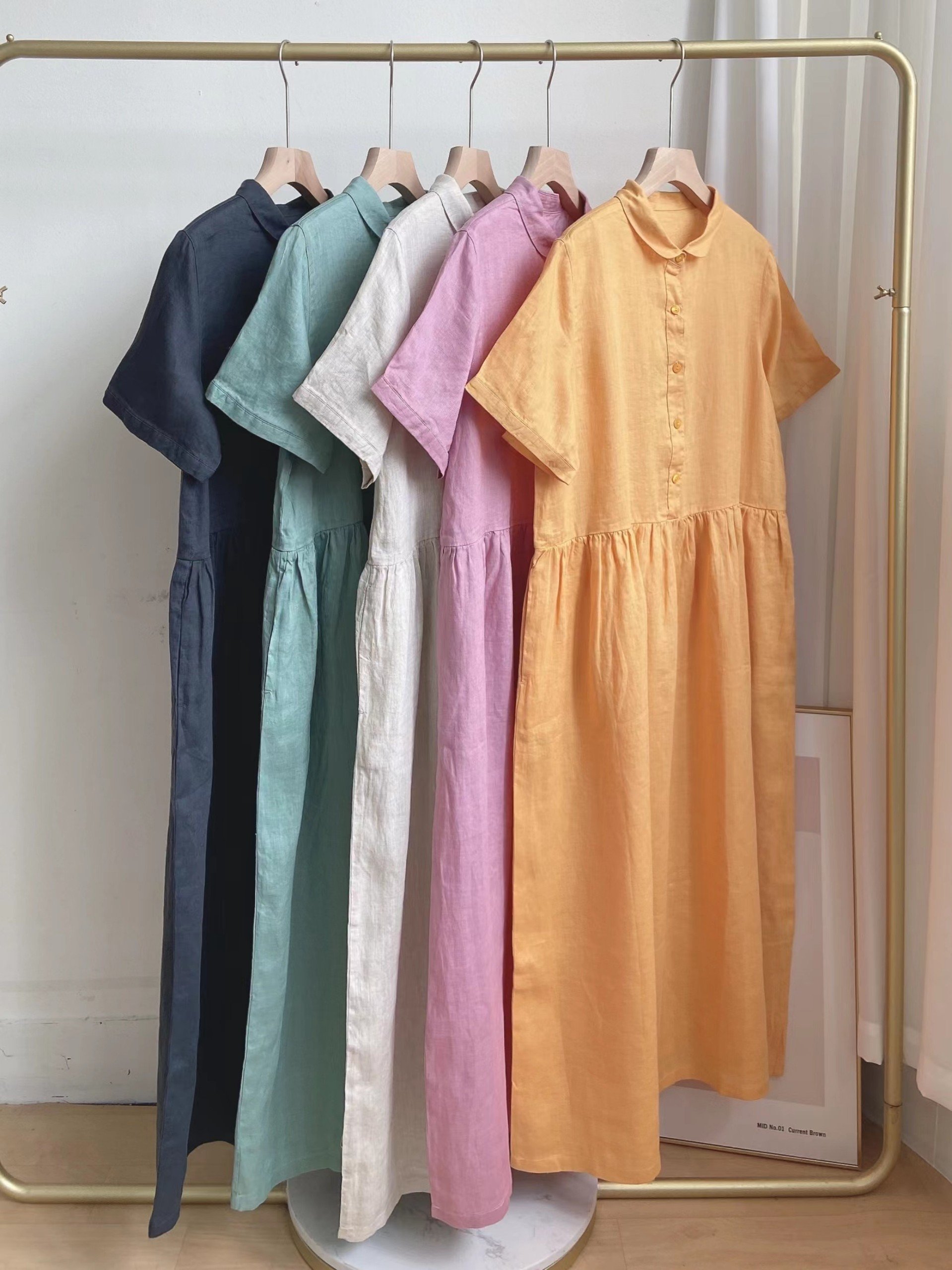 Đầm suông công sở linen cổ sơ mi nhún eo, Váy sơ mi dáng dài form rộng thời trang hè thu ARCTIC HUNTER