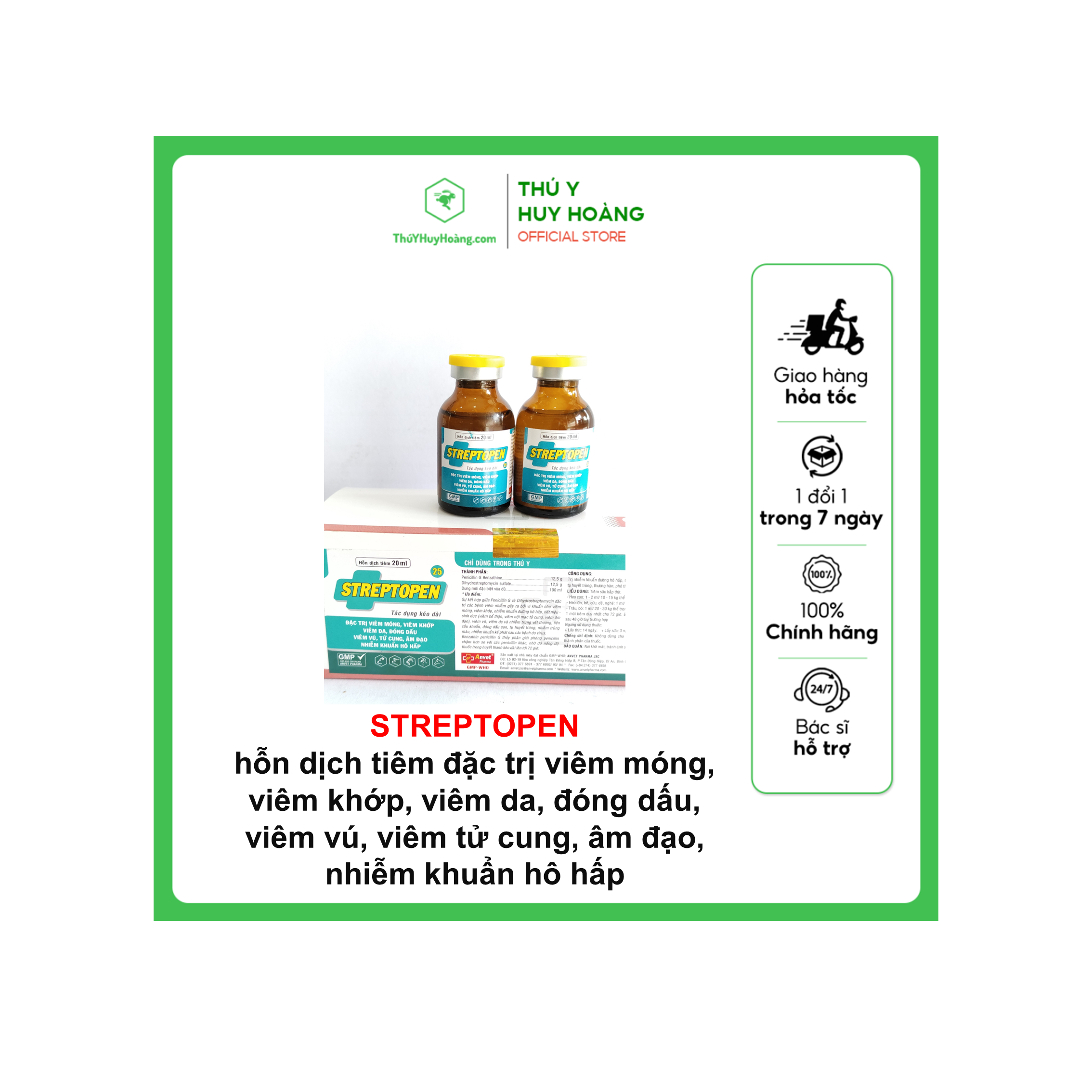 STREPTOPEN 20ml hỗn dịch tiêm viêm móng viêm khớp viêm da, đóng dấu, viêm vú, viêm tử cung, nhiễm khuẩn hô hấp