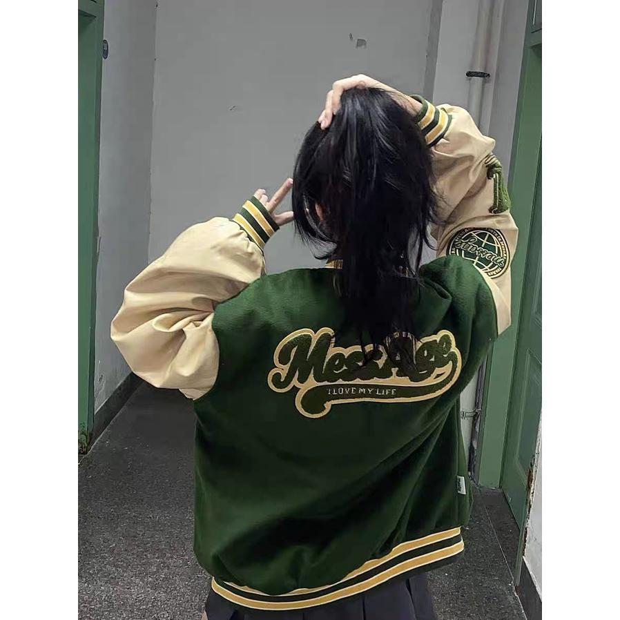 (Hàng sẵn)Áo bomber Unisex Vải dạ tay phối tay da pu họa tiết thêu xù 2 màu hót DT112