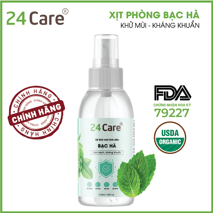 Xịt Phòng Tinh Dầu Bạc Hà Hữu Cơ Organic 24Care 50ML/100ML - Kháng khuẩn - Khử mùi hôi - Đuổi muỗi, côn trùng - Tập trung tinh thần làm việc, lái xe, học hành - Hương thơm thư giãn