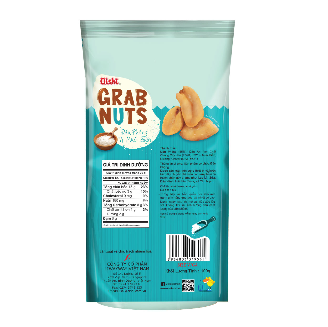 Combo 20 gói Oishi Đậu Phộng Vị Muối Biển Grab Nuts (100g/gói)