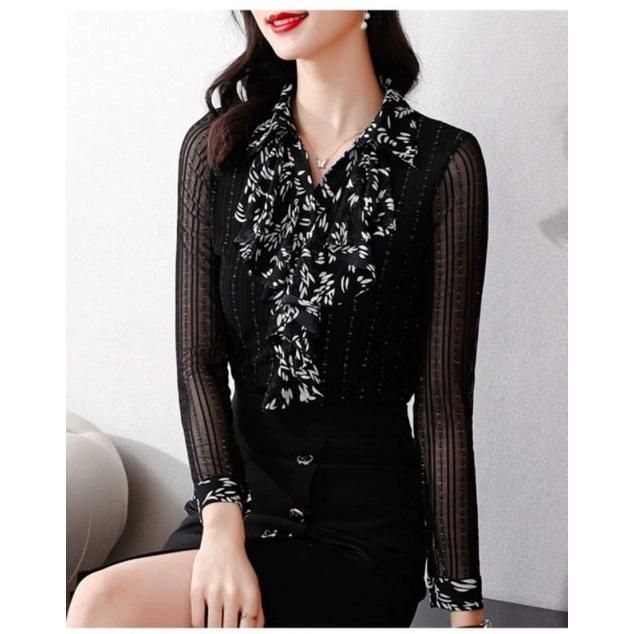 HÀNG NHẬP - ÁO KIỂU THUN LƯỚI CỔ PHỐI VOAN HOA
