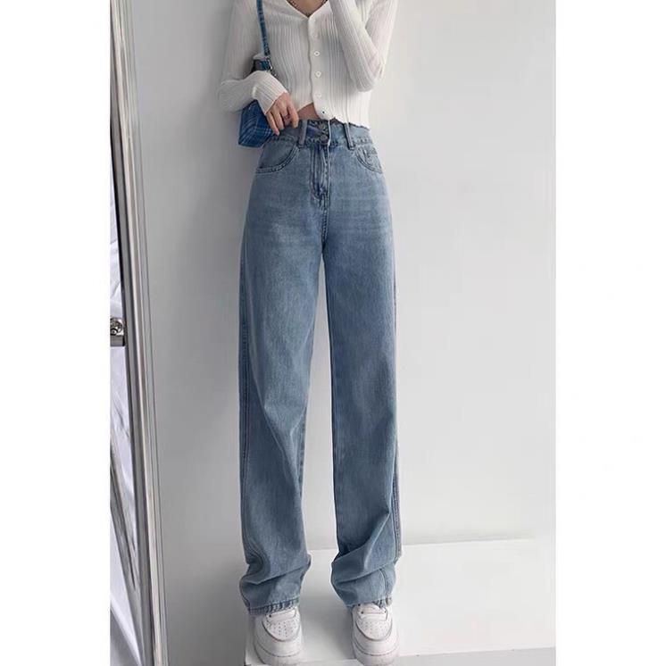 Quần jean nữ FLAKY SHOP cao cấp - Quần jean ống rộng cạp cao phối hai cúc siêu bắt mắt thời trang