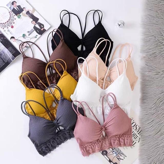 Áo Ngực Bra. Áo Lót bra thắt nơ phối viền ren chữ in ẩn cao cấp