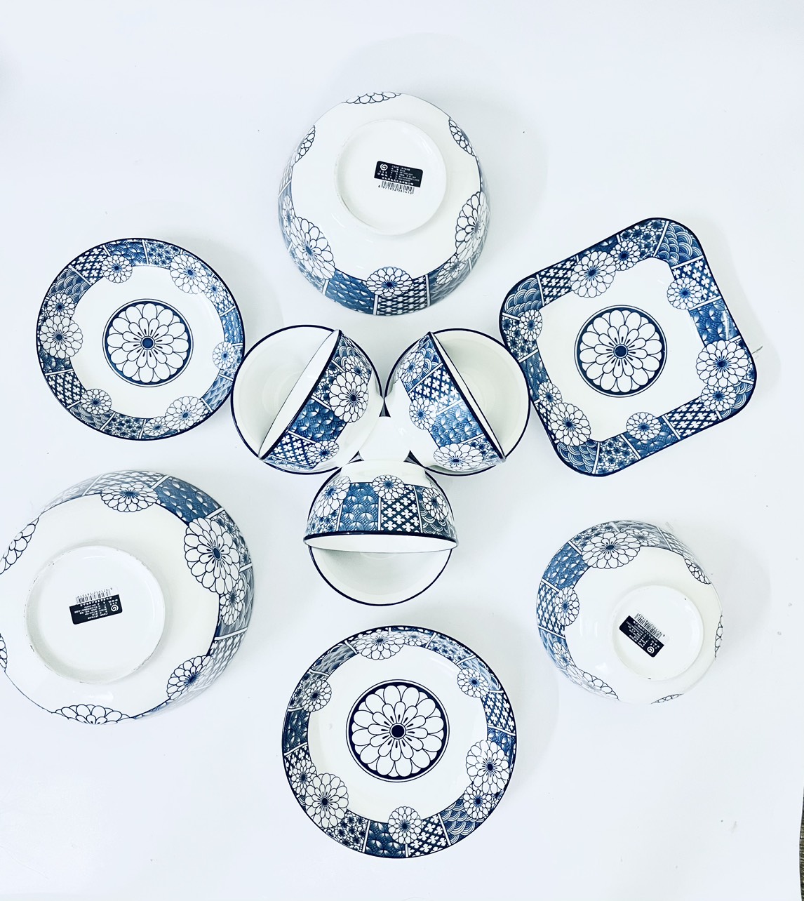 BỘ BÁT ĐĨA GỐM SỨ HỌA TIẾT HOA CÚC XANH DƯƠNG CAO CẤP, BÁT ĐĨA GỐM SỨ CHO MỌI GIA ĐÌNH, NHÀ HÀNG, KHÁCH SẠN, QUÁN ĂN,.....