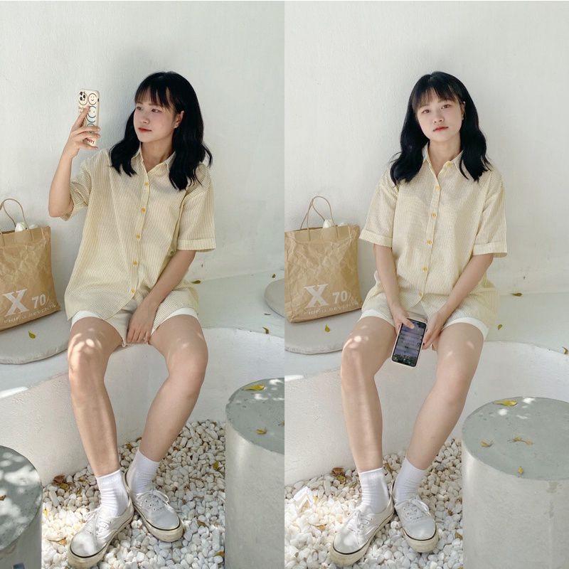 Áo sơ mi kẻ sọc thô xốp ulzzang