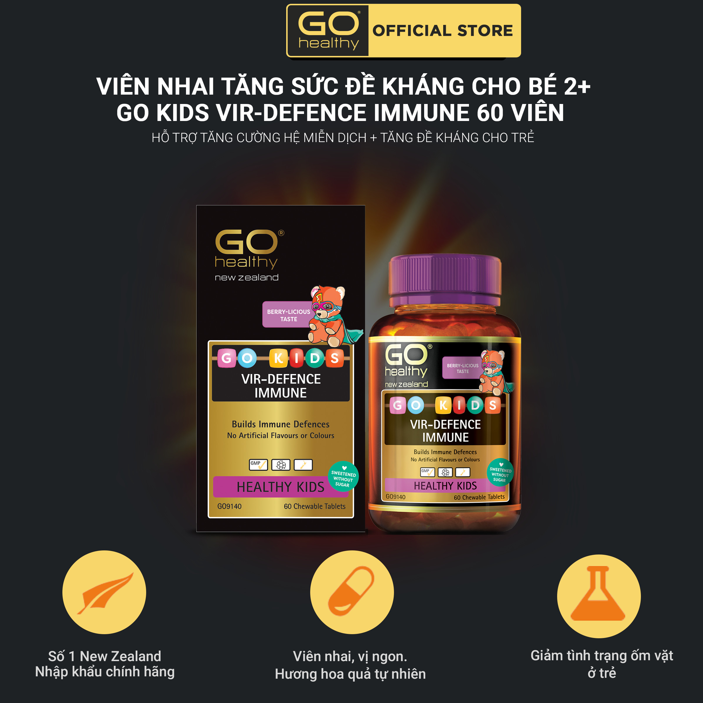 GO KIDS VIR-DEFENCE IMMUNE 60 VIÊN- Viên nhai tăng sức đề kháng chotrẻ 2+ nhập khẩu chính hãng GO Healthy New Zealand