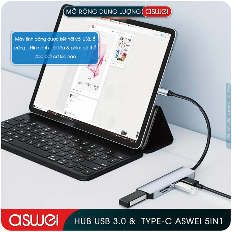 Hub Chuyển Đổi USB Type C ASWEI 5 in 1 To USB 3.0, SD, TF - Hàng Chính Hãng