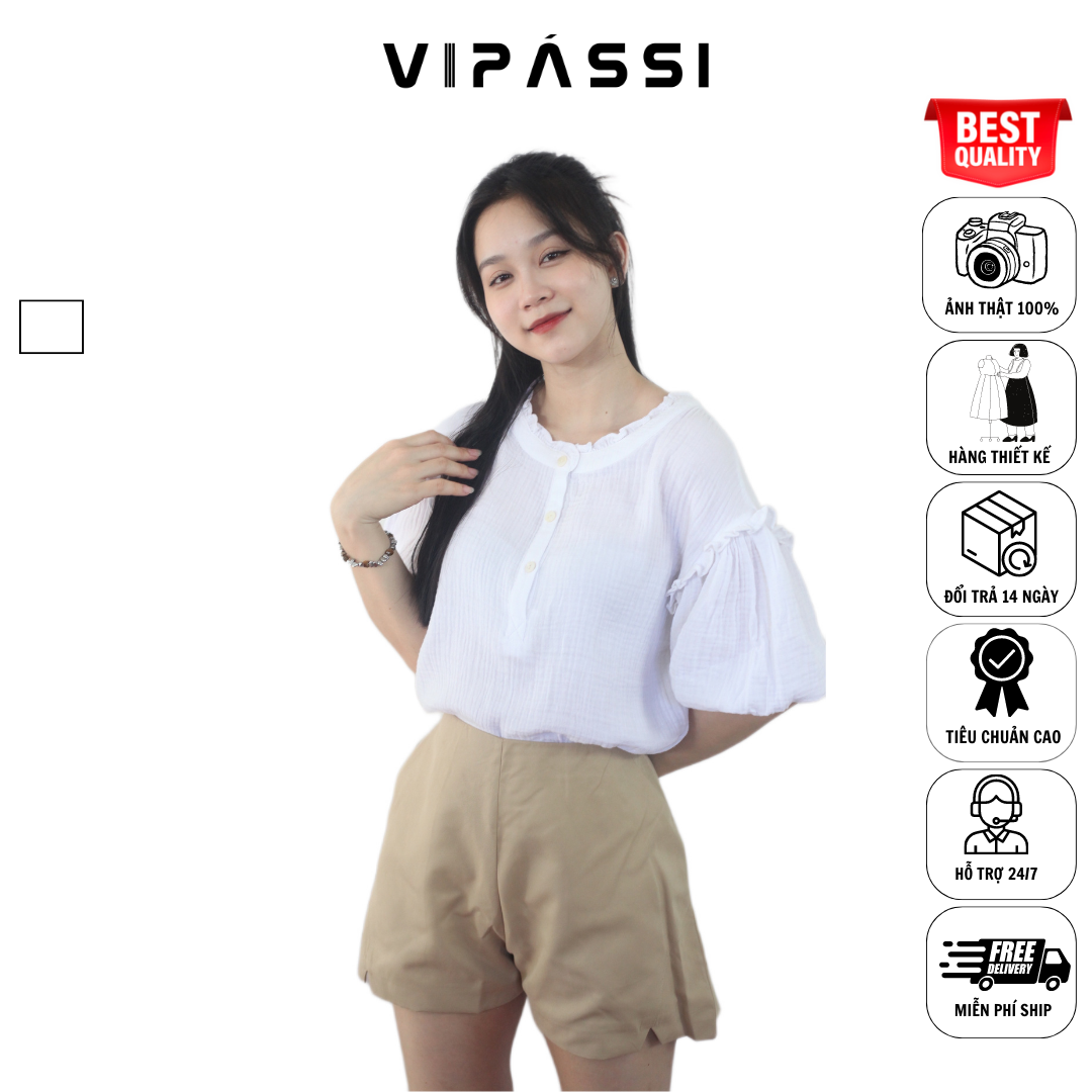 VIPÁSSI Áo Baby Cotton Cổ Bèo Đính Nút Ngắn Tay Phòng Trắng