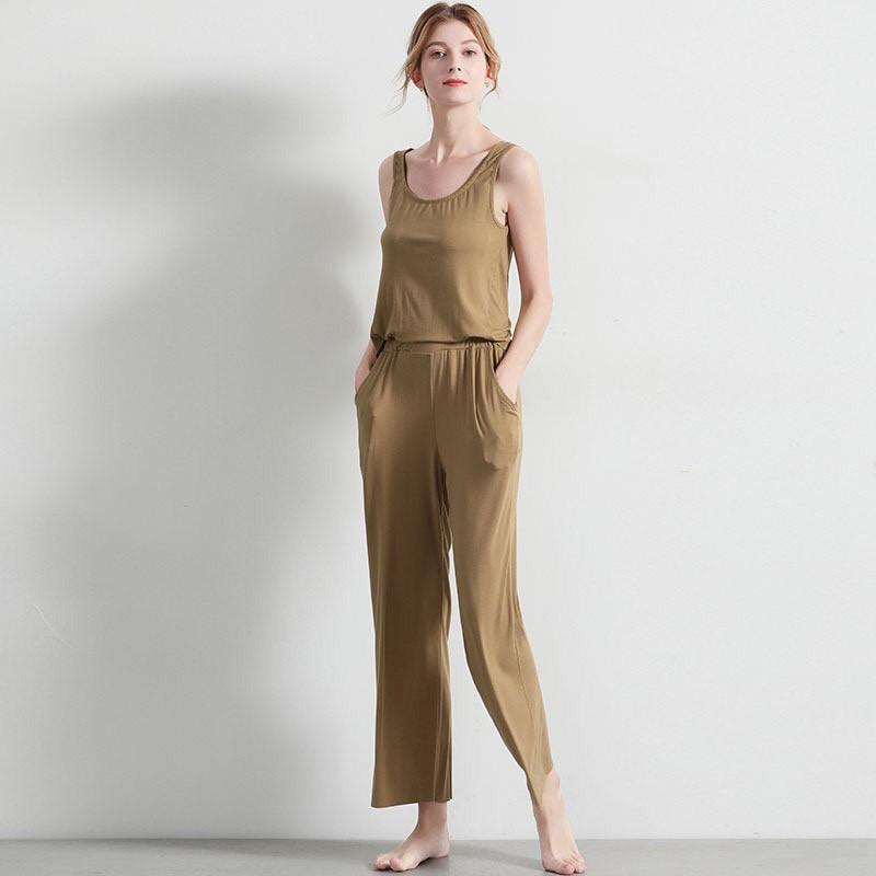 Đồ bộ mặc nhà nữ áo liền quần ống suông rộng không tay cho mùa hè vải thun modal mềm mịn, co giãn (C311)