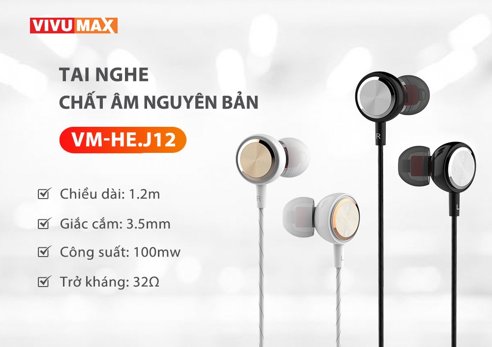 Tai nghe nhét tai có dây VivuMax J12 - Jack cắm 3.5mm, có Mic/Microphone - Cho iOS/Apple (iPhone/iPad), Android (Samsung, Vsmart, Sony, Xiaomi, Huawei, Oppo) Màu Trắng/Đen - Hàng Chính Hãng