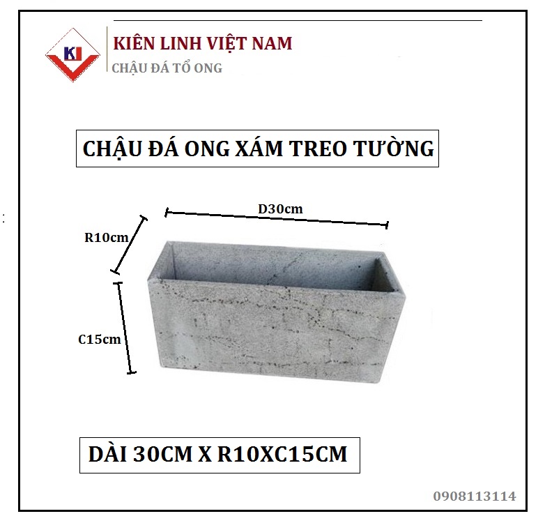 Chậu trồng hoa đá ong xám tự nhiên - hình chữ nhật dài 30cmxR10xC15cm - trồng cây cảnh treo ban công giếng trời – trồng cây ốp tường hoặc treo tường để bàn độc đáo