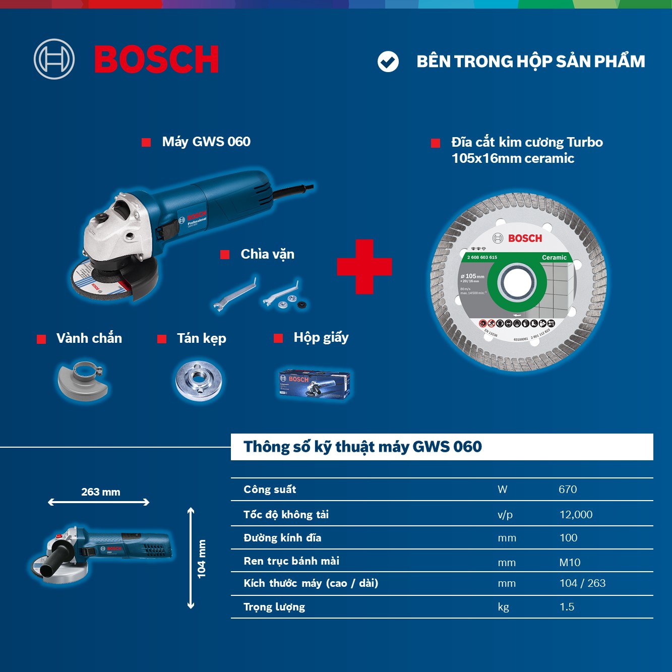 Combo Máy mài góc Bosch GWS 060 và Đĩa cắt kim cương Turbo 105x16mm ceramic