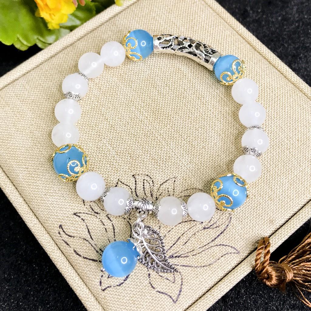 Vòng Tay Cho Mệnh Kim - Vòng Tay Nữ Mã Não Trắng 8mm Mix Đá Mắt Mèo 10mm Charm Lá V357-8