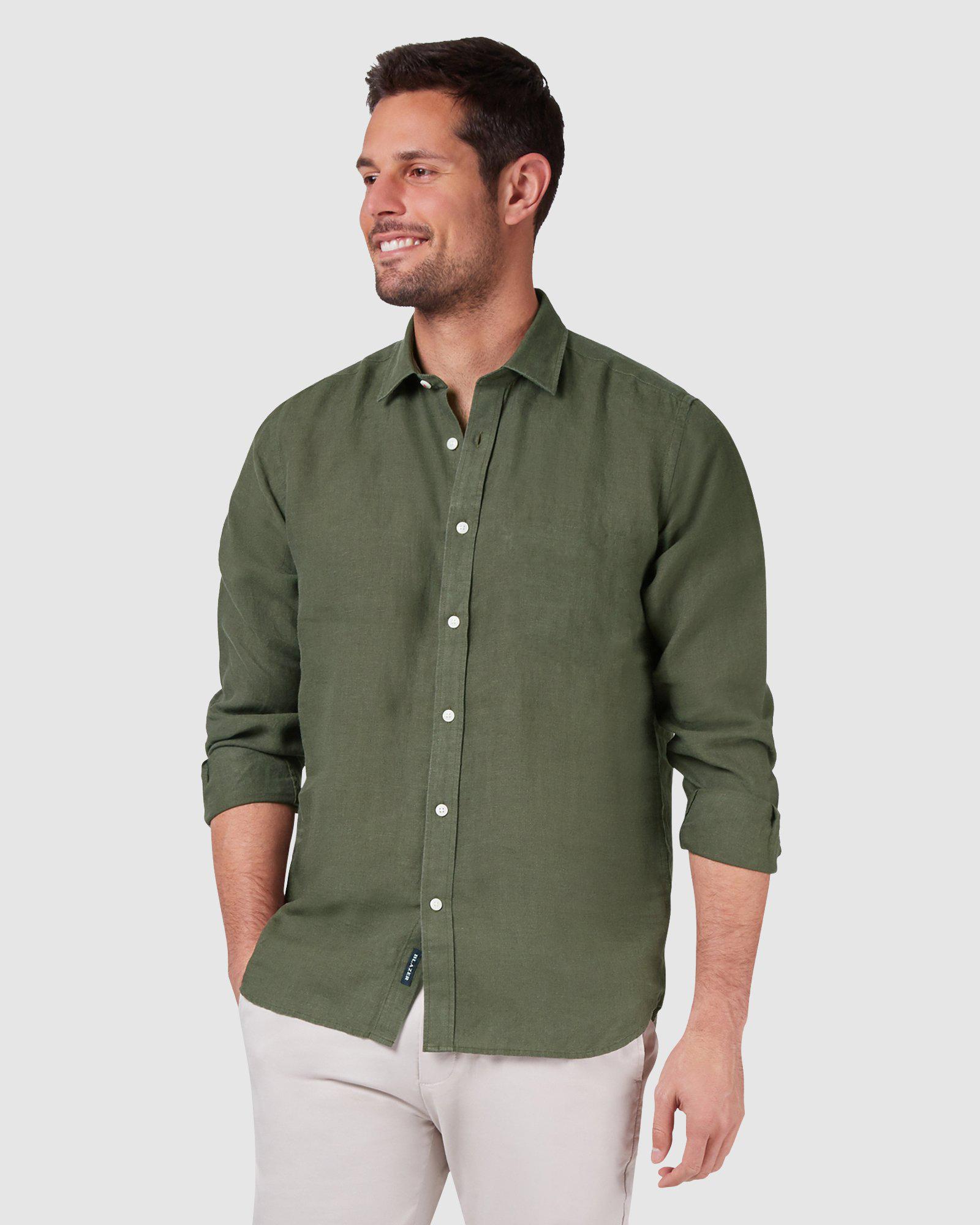 Áo Sơ Mi Nam Hazzys Linen Olive Plain Slim Fit Shirt - SIZE 95/100