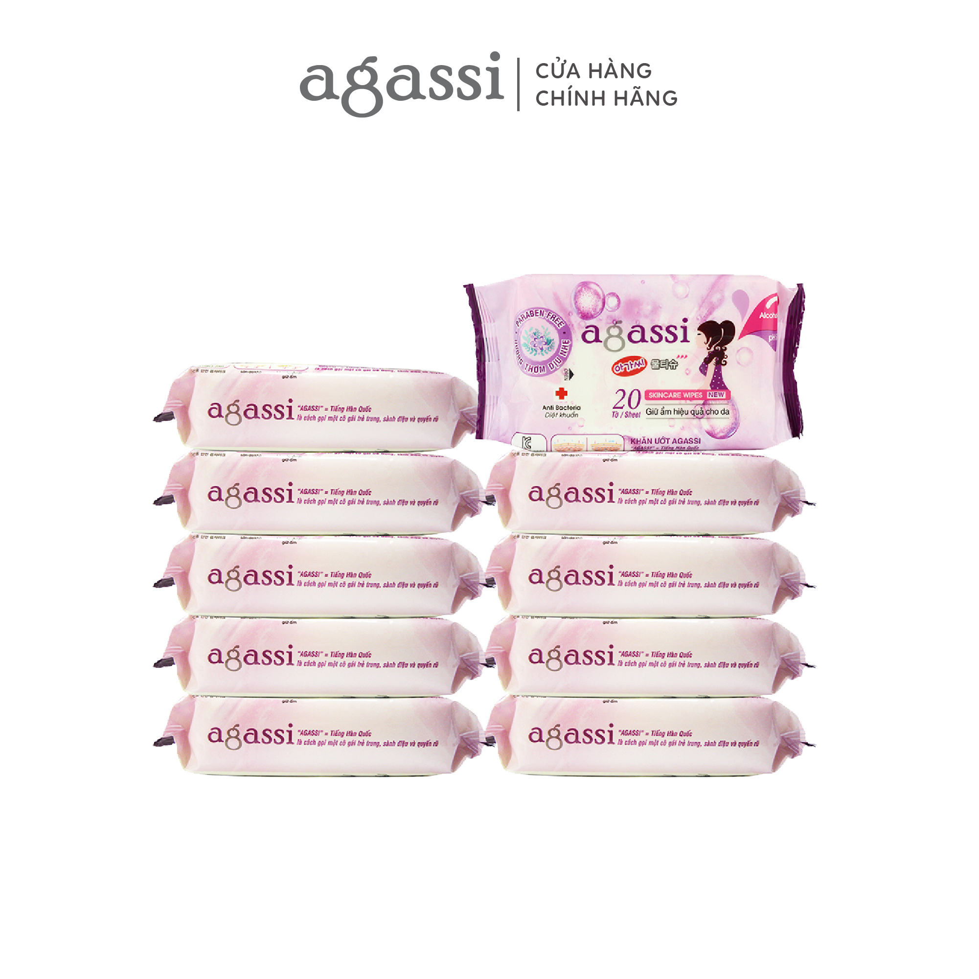 Combo 10 gói khăn ướt Agassi 20 tờ (màu tím)