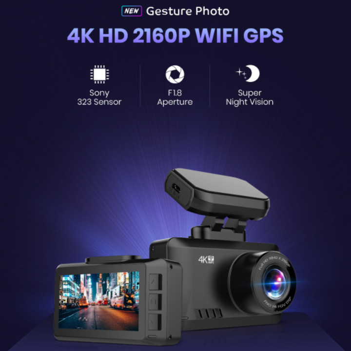 Camera hành trình ô tô độ phân giải 4K (3840*2160P), Wifi, 2.45 inch - Camera trước: 2160P, góc quay 170° - Camera sau: 1080P