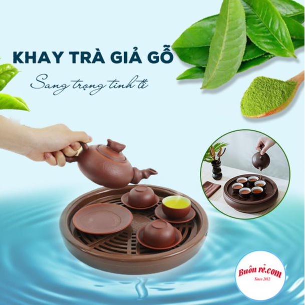 Khay trà tròn giả gỗ chất liệu nhựa Việt Nhật - Khay đựng ấm chén sang trọng dễ tháo rời, cọ rửa