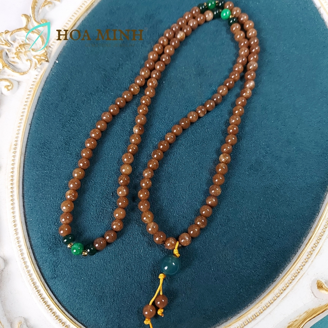 Vòng tay chuỗi 108 hạt đá Mã Não màu nâu ngọc hoà điền size 6.5 li phối bánh xe mã não, cẩm thạch sơn thủy, tài lộc bình an