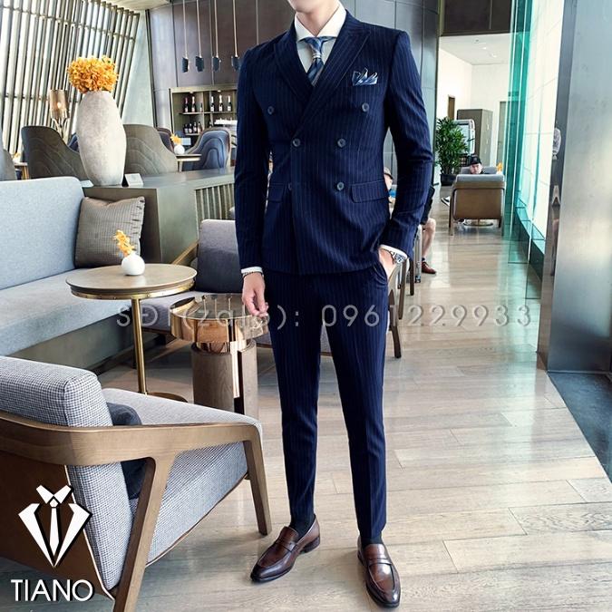 Vest nam cao cấp Hàn Quốc Xanh Than Kẻ cực sang trọng, Suit Nam Cao Cấp - TIANO STORE