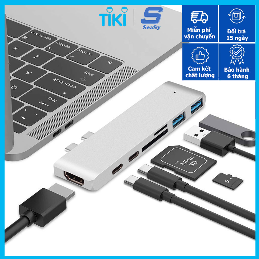 Hub Chuyển Đổi USB Typec Thunderbolt 3 to HDMI 7 Trong 1 SeaSy, Cổng HDMI 4K, Cổng Thunderbolt 3 Tốc Độ 40Gbps, Cổng TypeC Tốc Độ 5Gbps, 2 Cổng USB 3.0, Khe Đọc Thẻ Nhớ SD / TF, Dùng Cho Macbook Pro/Macbook Air – Hàng chính hãng