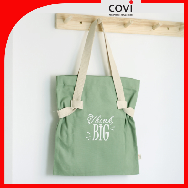 Túi Tote Vải Canvas, Vải Bố Hàn Quốc Đựng Giấy A4 Phom Đứng Phối Chữ THINK BIG thời trang COVI T17-M-Màu Xanh đậu