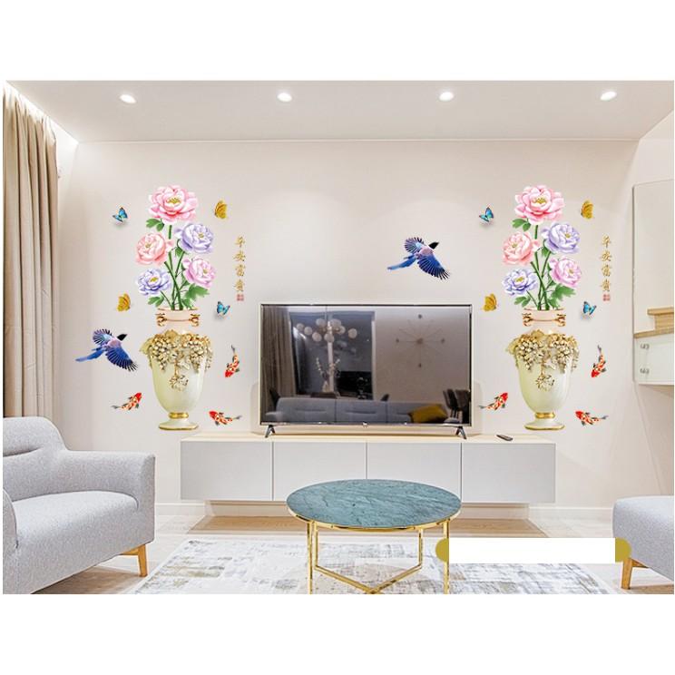 Decal trang trí bình hoa cá và bông sắc màu