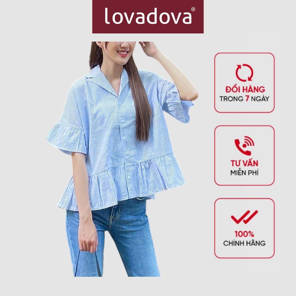 Áo Sơ Mi Kiểu Nữ, Cách Điệu Tay Áo Bèo, Tà Áo Bèo, Cổ Vest, Màu Xanh Sọc - Lovadova 21B05C001