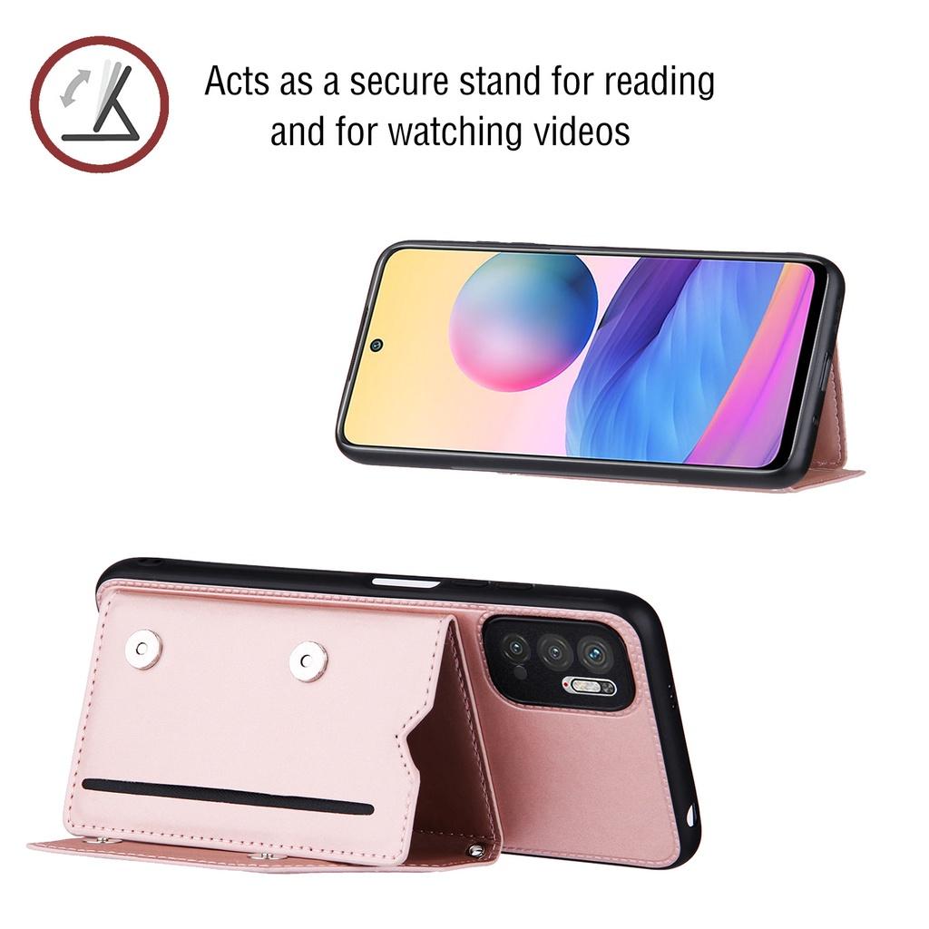 Ốp điện thoại da kiểu ví lật có ngăn đựng thẻ và dây đeo cổ tay cho Xiaomi Redmi Note 10 5G