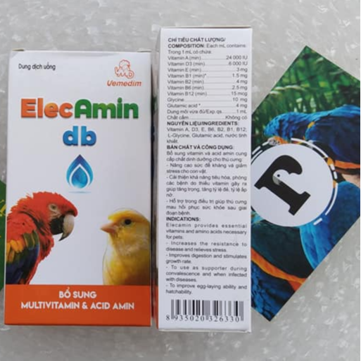 elecamin bổ sung tất cả các loại vitamin A, D, E, B1, B2. B6, B12 , GLUTAMIC ACID cho vẹt, yến phụng,chó,mèo