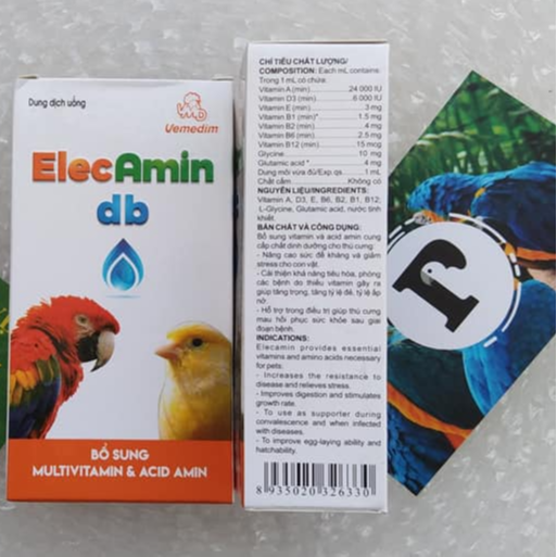 Elecamin bổ sung tất cả các loại vitamin A, D, E, B1, B2. B6, B12 , GLUTAMIC ACID cho vẹt, yến phụng,chó,mèo