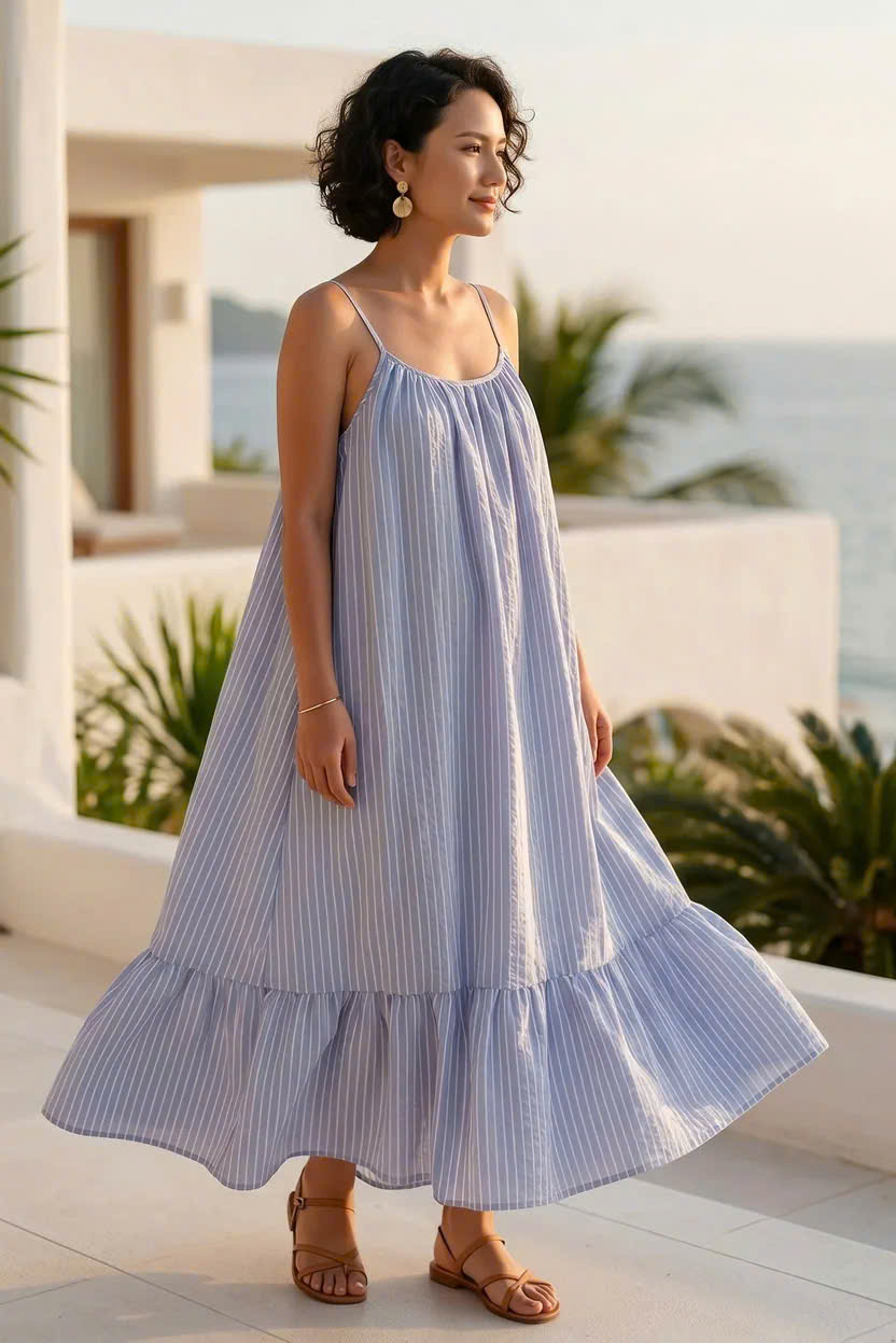 Đầm Maxi Hở Lưng Cotton Sọc Xanh Biển Vân Hy Dre217 Thời trang Hity