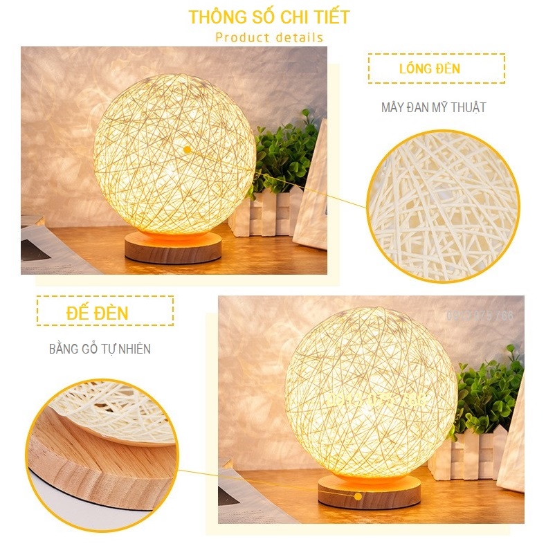 Đèn Ngủ Để Bàn Quả Cầu Mây - Đèn Trang Trí Phòng Ngủ Decor Phong Cách Bắc Âu Độc Đáo, Bóng Led Điều Chỉnh Được Độ Sáng - Hàng Chính Hãng VinBuy