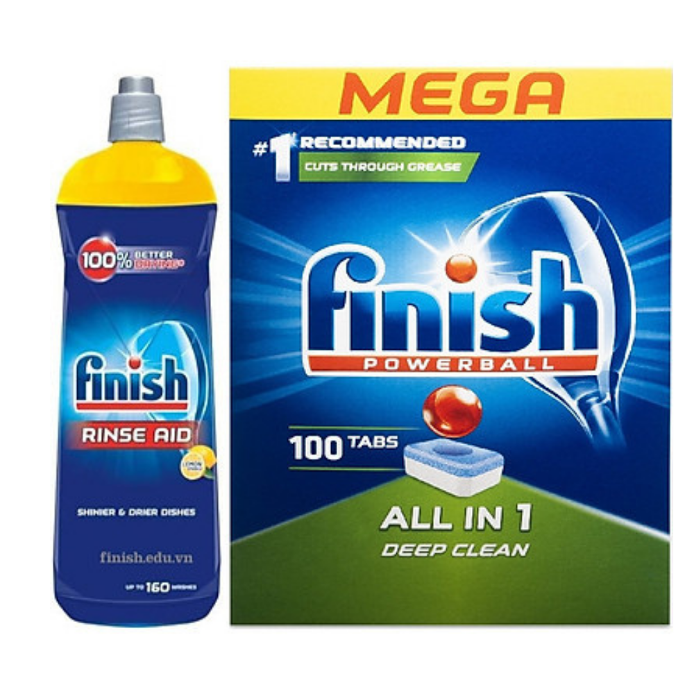 Combo Dầu làm bóng finish 800ml+Viên rửa bát Finish All in one 100v dùng cho Máy rửa bát