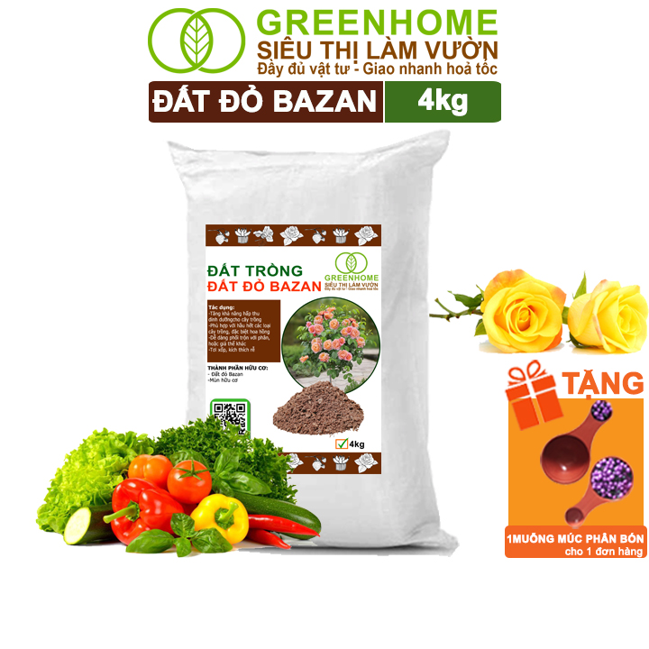 Đất Đỏ Bazan Greenhome, Bao 4Kg, Đất Trồng Cây, Bổ Sung Phân Hữu Cơ, Vi Sinh Trồng Hoa Hồng, Kiểng Lá, Rau 